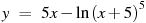 y~=~5x-\ln {{(x+5)}^{5}}