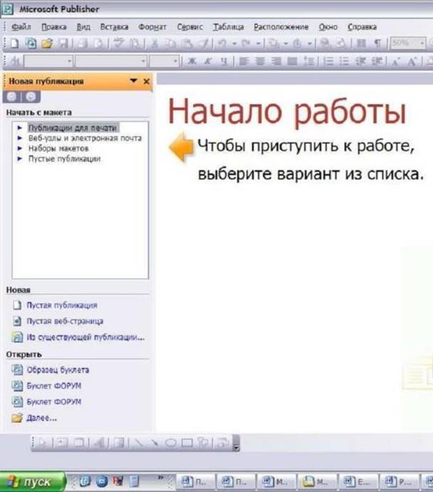 Рис. 1. Окно Microsoft Publisher