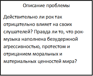 Описание проблемы
Действительно ли рок так отрицательно влияет на своих слушателей? Правда ли то, что рок-музыка наполнена безудержной агрессивностью, протестом и отрицанием моральных и материальных ценностей мира?






