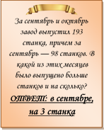  
За сентябрь и октябрь завод выпустил 193 станка, причем за сентябрь — 98 станков. В какой из этих месяцев было выпущено больше станков и на сколько?
ОТВЕТ: в сентябре, на 3 станка

