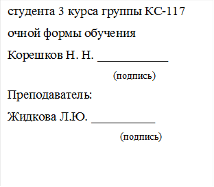 студента 3 курса группы КС-117 
очной формы обучения
Корешков Н. Н. ___________
                      (подпись)
Преподаватель:
Жидкова Л.Ю. __________
                                             (подпись)
