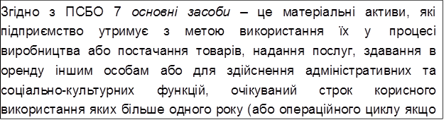 Згідно з ПСБО 7 основні засоби – це матеріальні активи, які підприємство утримує з метою використання їх у процесі виробництва або постачання товарів, надання послуг, здавання в оренду іншим особам або для здійснення адміністративних та соціально-культурних функцій, очікуваний строк корисного використання яких більше одного року (або операційного циклу якщо він довший за рік)