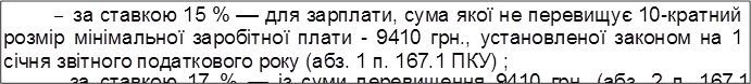 –	за ставкою 15 % — для зарплати, сума якої не перевищує 10-кратний розмір мінімальної заробітної плати - 9410 грн., установленої законом на 1 січня звітного податкового року (абз. 1 п. 167.1 ПКУ) ;
–	за ставкою 17 % — із суми перевищення 9410 грн. (абз. 2 п. 167.1 ПКУ).
