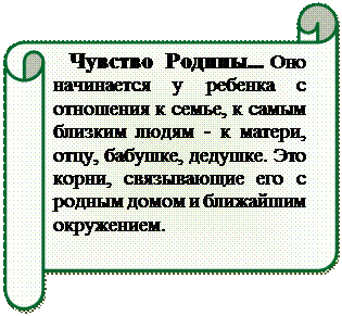 Горизонтальный свиток:    Чувство Родины... Оно начинается у ребенка с отношения к семье, к самым близким людям - к матери, отцу, бабушке, дедушке. Это корни, связывающие его с родным домом и ближайшим окружением.


