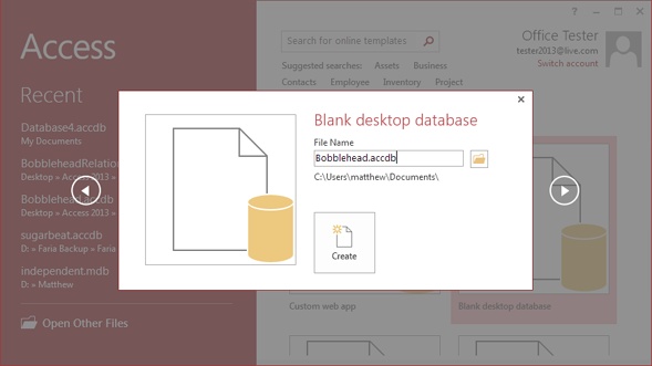 This database will be named Bobblehead.accdb. As you can see by the file path below the File Name box, it will be saved in the folder C:\Users\matthew\Documents. You can edit the file name by typing in the File Name box, and you can browse to a different folder by clicking the folder icon.