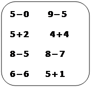 Скругленный прямоугольник: 5 – 0         9 – 5 
5 + 2          4 + 4 
8 – 5        8 – 7 
6 – 6        5 + 1      

