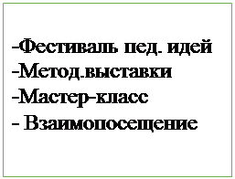 Надпись: -Фестиваль пед. идей
-Метод.выставки
-Мастер-класс
- Взаимопосещение
