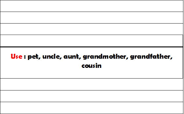 Use : pet, uncle, aunt, grandmother, grandfather, cousin

