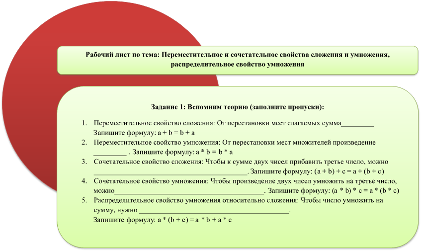 Рабочий лист по тема: Переместительное и сочетательное свойства сложения и умножения, распределительное свойство умножения

,Задание 1: Вспомним теорию (заполните пропуски):
1.	Переместительное свойство сложения: От перестановки мест слагаемых сумма_________ Запишите формулу: a + b = b + a
2.	Переместительное свойство умножения: От перестановки мест множителей произведение _________ . Запишите формулу: a * b = b * a
3.	Сочетательное свойство сложения: Чтобы к сумме двух чисел прибавить третье число, можно __________________________________________. Запишите формулу: (a + b) + c = a + (b + c)
4.	Сочетательное свойство умножения: Чтобы произведение двух чисел умножить на третье число, можно_________________________________________. Запишите формулу: (a * b) * c = a * (b * c)
5.	Распределительное свойство умножения относительно сложения: Чтобы число умножить на сумму, нужно _________________________________________. 
Запишите формулу: a * (b + c) = a * b + a * c
