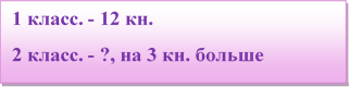 1 класс. - 12 кн.
2 класс. - ?, на 3 кн. больше      

