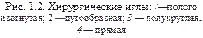Рис. 1.2. Хирургические иглы: /—полого изогнутая; 2 —дугообразная; 3 — полукруглая; 4 — прямая