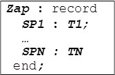 Zap : record
SP1 : T1;
…
SPN : TN
end;
