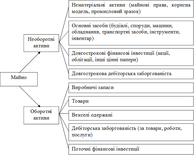 Нематеріальні активи (майнові права, корисна модель, промисловий зразок),Основні засоби (будівлі, споруди, машини, обладнання, транспортні засоби, інструменти, інвентар),Довгострокові фінансові інвестиції (акції, облігації, інші цінні папери),Довгострокова дебіторська заборгованість,Необоротні активи,Виробничі запаси,Товари,Векселі одержані,Дебіторська заборгованість (за товари, роботи, послуги),Поточні фінансові інвестиції,Оборотні активи,Майно
