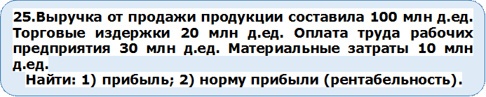 25.Выручка от продажи продукции составила 100 млн д.ед. Торговые издержки 20 млн д.ед. Оплата труда рабочих предприятия 30 млн д.ед. Материальные затраты 10 млн д.ед.
Найти: 1) прибыль; 2) норму прибыли (рентабельность).



