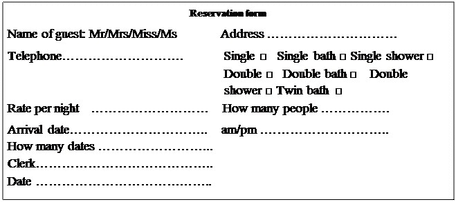Надпись: Reservation form
Name of guest: Mr/Mrs/Miss/Ms	Address …………………………
Telephone……………………….	Single □⁪Single bath □ Single shower □⁪
Double □⁪Double bath □⁪ Double shower □ Twin bath □⁪
Rate per night	………………………	How many people …………….
Arrival date…………………………..	am/pm .………………………..
How many dates ……………………...
Clerk…………………………………..
Date …………………………………..
