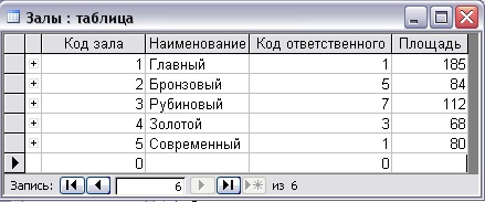 Пример заполнения таблицы Залы