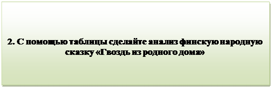 Надпись:                                 
2. С помощью таблицы сделайте анализ финскую народную сказку «Гвоздь из родного дома»

      
                                           
      

         


          

