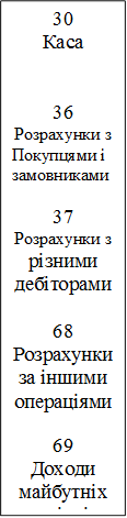 30
Каса


36
Розрахунки з
Покупцями і замовниками

37 Розрахунки з
різними
дебіторами

68 Розрахунки за іншими
операціями

69
Доходи майбутніх
періодів


