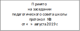                               Принято
на заседании  
педагогического совета школы 
 протокол №1
от «  » августа 2019г.

