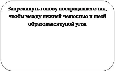 Скругленный прямоугольник: Запрокинуть голову пострадавшего так, чтобы между нижней челюстью и шеей образовался тупой угол