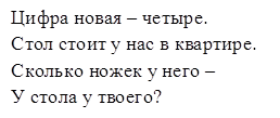 Цифра новая – четыре.
Стол стоит у нас в квартире.
Сколько ножек у него – 
У стола у твоего?
