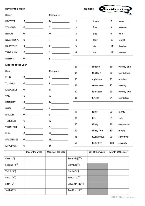 Days, Months, Ordinal number worksheet