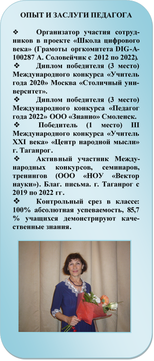 ОПЫТ И ЗАСЛУГИ ПЕДАГОГА

v	Организатор участия со-трудников в проекте «Школа циф-рового века» (Грамоты оргкомите-та DIG-A-100287 А. Соловейчик с 2012 по 2022).
v	Диплом победителя (3 место) Международного конкурса «Учи-тель года 2020» Москва «Столич-ный университет».
v	Диплом победителя (3 место) Международного конкурса «Педа-гог года 2022» ООО «Знанио» Смо-ленск.
v	 Победитель (1 место) III Международного конкурса «Учи-тель XXI века» «Центр народной мысли» г. Таганрог.
v	Активный участник Между-народных конкурсов, семинаров, тренингов (ООО «НОУ «Вектор науки»). Благ. письма. г. Таганрог с 2019 по 2022 гг.
v	Контрольный срез в классе: 100% абсолютная успеваемость, 85,7 % учащихся демонстрируют качественные знания.

 









634041, Россия, г. Томск, ул. Дзержинско-го, 19,
Школа-интернат №15
Тел.: (3822) 435-453
Факс: (3822) 435-453
E-mail: sch15@mail2000.ru












