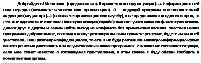 Надпись: Добрый день! Меня зовут (представиться). Я пришел по поводу ситуации (…). Информацию о ней нам передал (называете человека или организацию). Я – ведущий программ восстановительной медиации (медиатор) (…) (называете организацию или службу), я не представляю ни одну из сторон, то есть я не адвокат и не советчик. Наша организация (служба) помогает участникам конфликта организовать диалог друг с другом и самим найти выход из конфликта без применения насилия. Участие в наших программах добровольное, поэтому в конце разговора вы сами примете решение, будете ли вы в ней участвовать. Наш разговор конфиденциален, то есть я не буду разглашать никакую информацию кроме вашего решения участвовать или не участвовать в наших программах. Исключение составляет ситуация, если мне станет известно о готовящемся преступлении, в этом случае я буду обязан сообщить в компетентные органы.