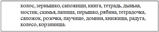 Надпись: колос, зернышко, сапожищи, книга, тетрадь, дынька, мостик, скамья, лапища, перышко, рябина, тетрадочка, сапожок, розочка, паучище, домина, книжища, радуга, колесо, корзинища.