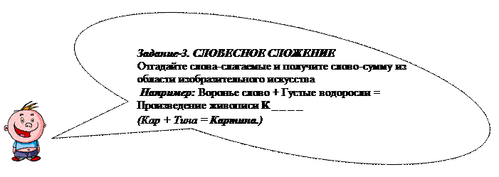 Овальная выноска: Задание-3. СЛОВЕСНОЕ СЛОЖЕНИЕ
Отгадайте слова-слагаемые и получите слово-сумму из области изобразительного искусства
 Например: Воронье слово + Густые водоросли = Произведение живописи К _ _ _ _ 
(Кар + Тина = Картина.)
