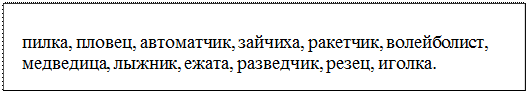 Надпись: пилка, пловец, автоматчик, зайчиха, ракетчик, волейболист, медведица, лыжник, ежата, разведчик, резец, иголка.