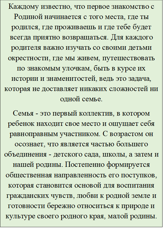 Каждому известно, что первое знакомство с Родиной начинается с того места, где ты родился, где проживаешь и где тебе будет всегда приятно возвращаться. Для каждого родителя важно изучать со своими детьми окрестности, где мы живем, путешествовать по знакомым улочкам, быть в курсе их истории и знаменитостей, ведь это задача, которая не доставляет никаких сложностей ни одной семье.
Семья - это первый коллектив, в котором ребенок находит свое место и ощущает себя равноправным участником. С возрастом он осознает, что является частью большего объединения - детского сада, школы, а затем и нашей родины. Постепенно формируется общественная направленность его поступков, которая становится основой для воспитания гражданских чувств, любви к родной земле и готовности бережно относиться к природе и культуре своего родного края, малой родины.
