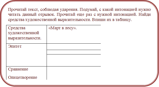 Прочитай текст, соблюдая ударения. Подумай, с какой интонацией нужно читать данный отрывок. Прочитай еще раз с нужной интонацией. Найди средства художественной выразительности. Впиши их в таблицу.
Средства художественной выразительности.	«Март в лесу».
Эпитет	
	
	
	
	
Сравнение	
Олицетворение	

