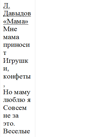 Л. Давыдов «Мама»  
Мне мама приносит 
Игрушки, конфеты,
Но маму люблю я
Совсем не за это.
Веселые песни
Она напевает,
Нам скучно вдвоем
Никогда не бывает.
Я ей открываю
Свои все секреты.
Но маму люблю я 
Не только за это.
Люблю свою маму,
Скажу я вам прямо,
Ну просто за то,
Что она моя мама!
