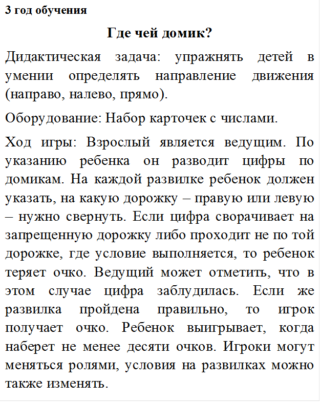 3 год обучения
Где чей домик?
Дидактическая задача: упражнять детей в умении определять направление движения (направо, налево, прямо).
Оборудование: Набор карточек с числами.
Ход игры: Взрослый является ведущим. По указанию ребенка он разводит цифры по домикам. На каждой развилке ребенок должен указать, на какую дорожку – правую или левую – нужно свернуть. Если цифра сворачивает на запрещенную дорожку либо проходит не по той дорожке, где условие выполняется, то ребенок теряет очко. Ведущий может отметить, что в этом случае цифра заблудилась. Если же развилка пройдена правильно, то игрок получает очко. Ребенок выигрывает, когда наберет не менее десяти очков. Игроки могут меняться ролями, условия на развилках можно также изменять.
