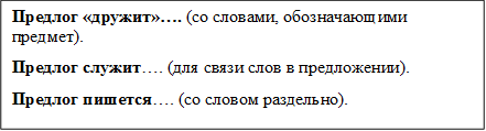 Предлог «дружит»…. (со словами, обозначающими предмет).
Предлог служит…. (для связи слов в предложении).
Предлог пишется…. (со словом раздельно).

