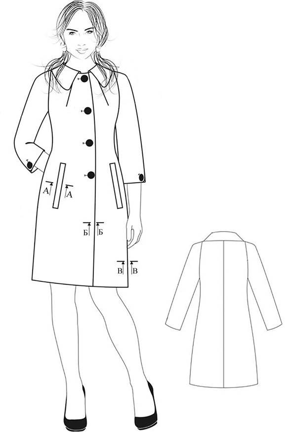 Пальто полуприлегающего силуэта технический рисунок