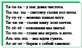 Надпись: Та-та-та – у нас дома чистота.
Ты-ты- ты – сметану съели все коты.
Ту-ту-ту – молоко налью коту.
Ти-ти-ти – съели кашу всю почти.
Тё-тё-тё – отложили мы шитьё.
То-то-то – стали мы играть в лото.
Ать-ать-ать – мы идем гулять.
Ат-ат-ат – берем с собой самокат.
