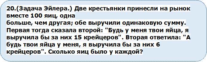 20.(Задача Эйлера.) Две крестьянки принесли на рынок вместе 100 яиц, одна
больше, чем другая; обе выручили одинаковую сумму. Первая тогда сказала второй: "Будь у меня твои яйца, я выручила бы за них 15 крейцеров". Вторая ответила: "А будь твои яйца у меня, я выручила бы за них 6 крейцеров". Сколько яиц было у каждой?
