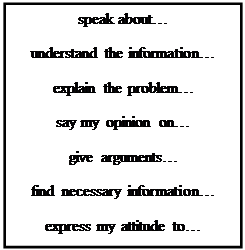 Надпись: speak about…
understand the information…
explain the problem…
say my opinion on…
give arguments…
find necessary information…
express my attitude to…
