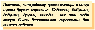 Text Box: Помните, что ребенку кроме матери и отца нужны другие взрослые. Педагоги, бабушка, дедушка, друзья, соседи - все эти люди могут быть безопасными взрослыми для вашего ребенка.
