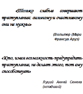 «Только слабые совершают преступления: сильному и счастливому они не нужны»

                                                      (Вольтер (Мари
                                                       Франсуа Аруэ)


«Кто, имея возможность предупредить преступление, не делает этого, тот ему способствует»

Луций Анней Сенека (младший)

