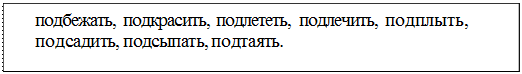 Надпись: подбежать, подкрасить, подлететь, подлечить, подплыть, подсадить, подсыпать, подтаять.