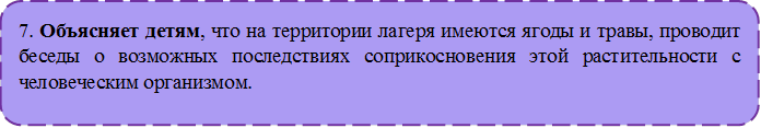 7. Объясняет детям, что на территории лагеря имеются ягоды и травы, проводит беседы о возможных последствиях соприкосновения этой растительности с человеческим организмом.