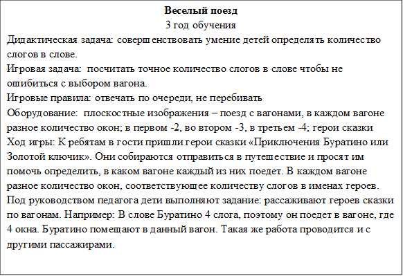 Веселый поезд
3 год обучения
Дидактическая задача: совершенствовать умение детей определять количество слогов в слове.
Игровая задача:  посчитать точное количество слогов в слове чтобы не ошибиться с выбором вагона.
Игровые правила: отвечать по очереди, не перебивать
Оборудование:  плоскостные изображения – поезд с вагонами, в каждом вагоне разное количество окон; в первом -2, во втором -3, в третьем -4; герои сказки
Ход игры: К ребятам в гости пришли герои сказки «Приключения Буратино или Золотой ключик». Они собираются отправиться в путешествие и просят им помочь определить, в каком вагоне каждый из них поедет. В каждом вагоне разное количество окон, соответствующее количеству слогов в именах героев. Под руководством педагога дети выполняют задание: рассаживают героев сказки по вагонам. Например: В слове Буратино 4 слога, поэтому он поедет в вагоне, где 4 окна. Буратино помещают в данный вагон. Такая же работа проводится и с другими пассажирами.

