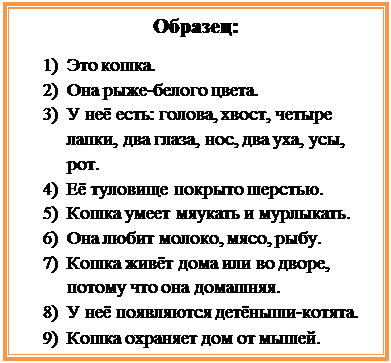 Надпись: Образец:
1)	Это кошка. 
2)	Она рыже-белого цвета.
3)	У неё есть: голова, хвост, четыре лапки, два глаза, нос, два уха, усы, рот.
4)	Её туловище покрыто шерстью.
5)	Кошка умеет мяукать и мурлыкать.
6)	Она любит молоко, мясо, рыбу.
7)	Кошка живёт дома или во дворе, потому что она домашняя.
8)	У неё появляются детёныши-котята.
9)	Кошка охраняет дом от мышей.

