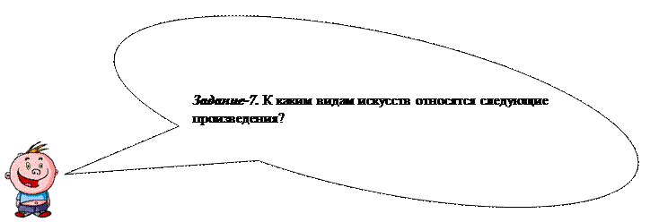 Овальная выноска: Задание-7. К каким видам искусств относятся следующие произведения?
