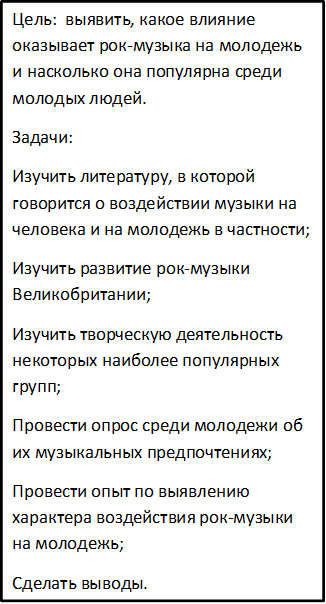 Цель:  выявить, какое влияние оказывает рок-музыка на молодежь и насколько она популярна среди молодых людей.
Задачи:
Изучить литературу, в которой говорится о воздействии музыки на человека и на молодежь в частности;
Изучить развитие рок-музыки Великобритании;
Изучить творческую деятельность некоторых наиболее популярных групп;
Провести опрос среди молодежи об их музыкальных предпочтениях;
Провести опыт по выявлению характера воздействия рок-музыки на молодежь;
Сделать выводы.






