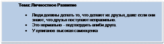 Скругленный прямоугольник: Тема: Личностное Развитие
•	Люди должны делать то, что делают их друзья, даже если они знают, что друзья поступают неправильно.
•	Это нормально - подтвердить алиби друга.
•	У хулиганов высокая самооценка
