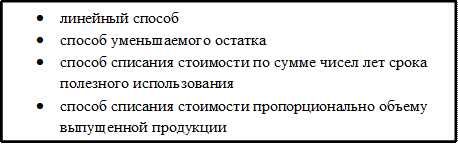•	линейный способ
•	способ уменьшаемого остатка 
•	способ списания стоимости по сумме чисел лет срока полезного использования
•	способ списания стоимости пропорционально объему выпущенной продукции

